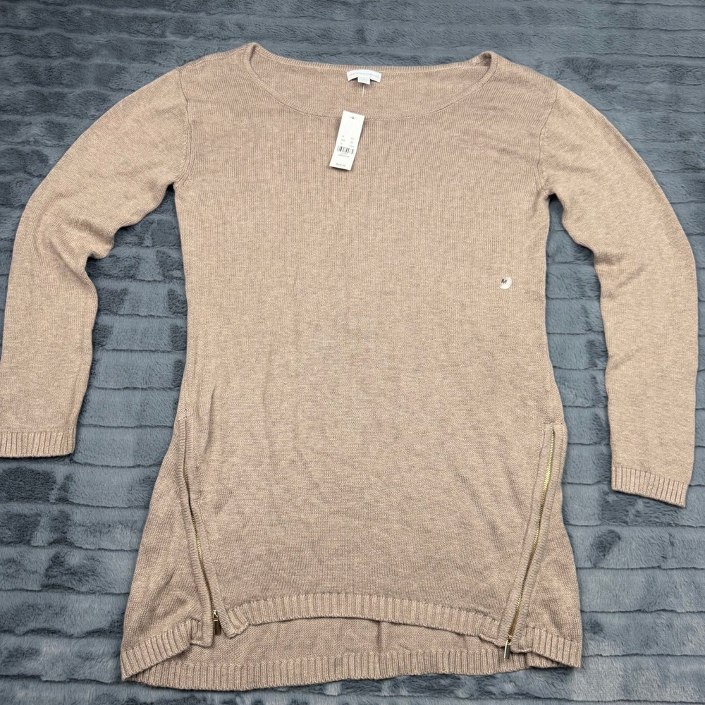 New York & Company Tan Side Zip Sweater Long Sleeve Scoop Neck Pullover 3846 M